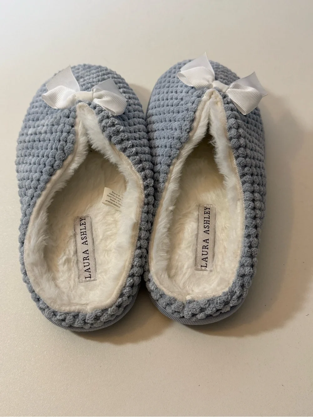 Laura Ashley Light Blue Plush Bow-Top Kids Slippers
